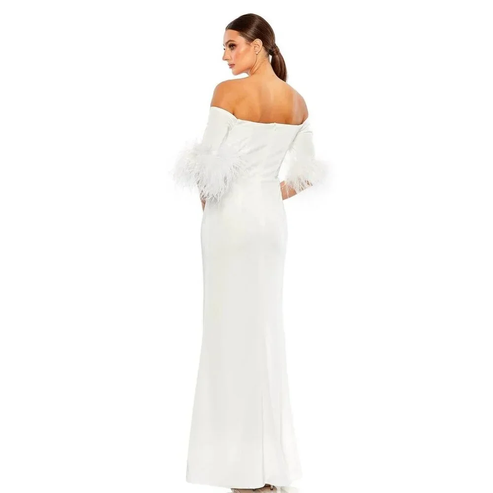 NWT Mac Duggal Feather Trim Off The Shoulder Column Gown White 6